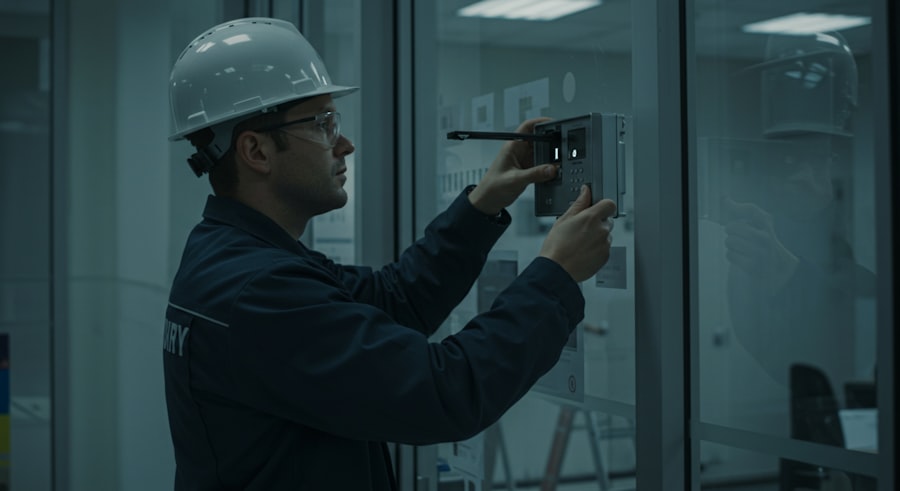 Technician installing a keypad access control reader